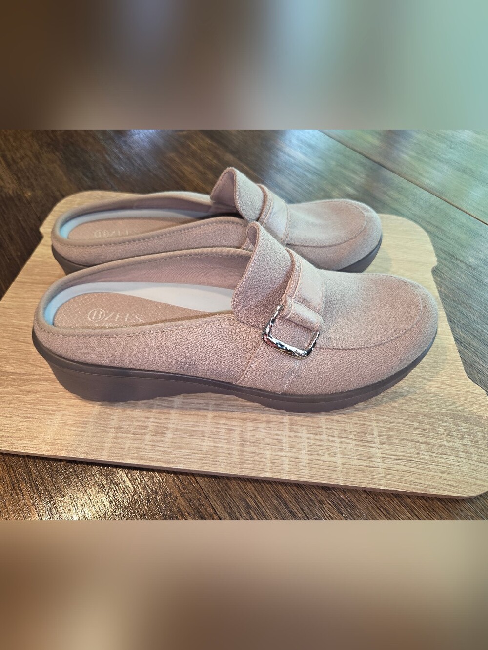 Life Stride Women's Slip-On Mules in‎ Light Taupe with Silver Buckle